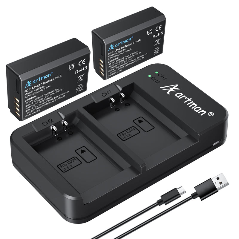 [AUSTRALIA] - Artman LP-E10 Battery and USB Dual Battery Charger for Canon EOS Rebel T7 T6 T5 T3 T100, Kiss X50 Kiss X70 EOS 1100D/1200D/1300D/2000D Digital Cameras(2-Pack 1600mAh) 