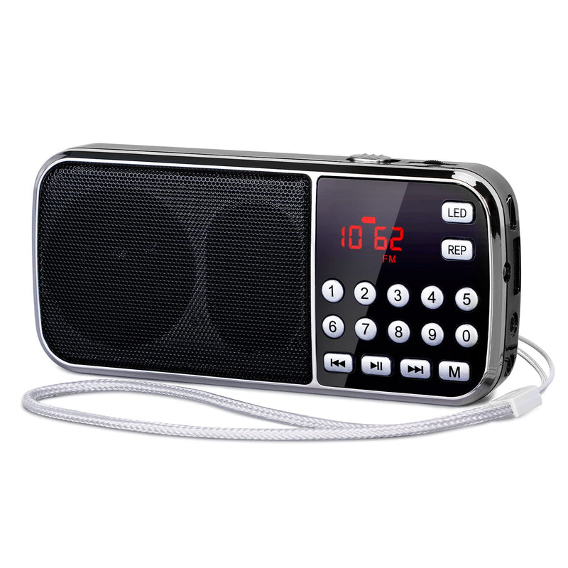 PRUNUS J-189 Bluetooth AM FM Radio, Small Portable Radio - Dual Speaker Heavy Bass, LED Flashlight, Pocket Size, TF Card USB AUX MP3 Player, Rechargeable Battery Operated Small Radio(Black) Black