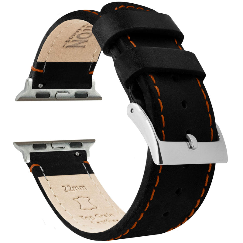 BARTON WATCH BANDS - Top Grain Leather Watch Bands Compatible with Apple Watch Models - 1, 2, 3, 4, 5, 6, 7, 8, 9, 10, SE, Ultra & Ultra 2 38 mm/40 mm/41 mm Black Leather / Orange Stitching