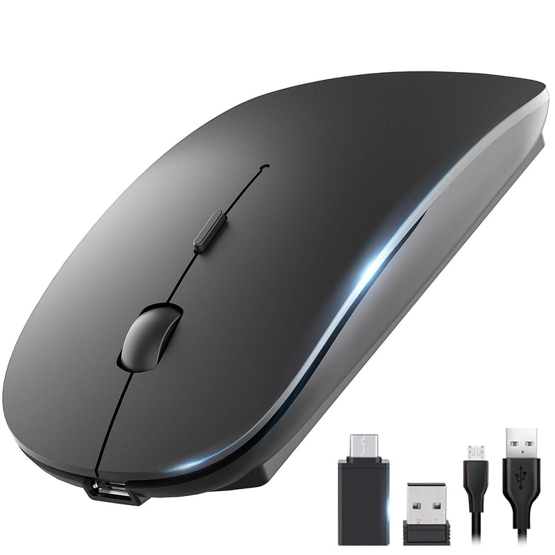 OKIMO Rechargeable Wireless Mouse, 2.4Ghz Silent Computer Office Portable Slim Optical Mouse with USB Receiver Type-C, 3-Level Adjustable DPI for Laptop, Computer, MacBook, Notebook, PC (Black)