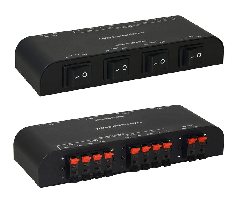 [AUSTRALIA] - 61050 2 to 4 Way Speaker Switch, 1 in 2 Out to 1 in 4 Out Way Pair Stereo Speaker Selector W/Terminal Clamps Metal Non-Slip Box - Black (1 x 4 Way) Black 1 x 4 Way Terminal 