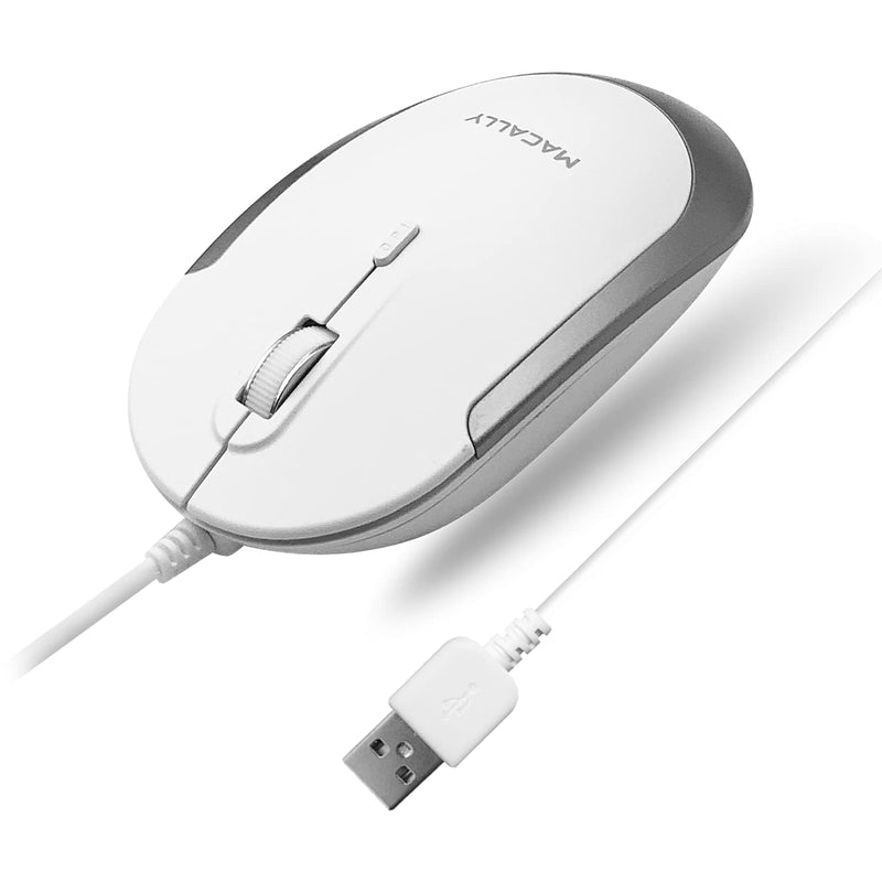 Macally Silent Wired Mouse - Slim & Compact USB Mouse for Laptop/Desktop Windows PC or Apple Mac - Designed with Optical Sensor & DPI Switch - Simple & Comfortable Wired Computer Mouse (White) White with Silver Trim