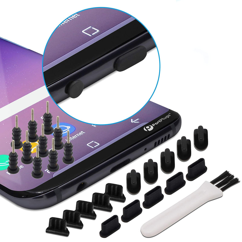 Universal 25pc Charging Port Cover Set, Compatible with iPhone, USB-C, Android, Micro USB, Tablets - Includes Headset Plugs, SIM Tool & Cleaning Brush (Black) Black 25 piece