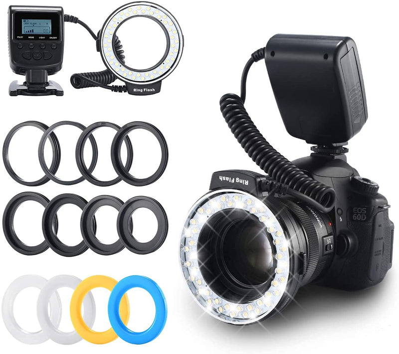 [AUSTRALIA] - Ring Flash, Emiral 48 Macro LED Flash Light with LCD Display Power Control, Adapter Rings and Flash Diffuser for Canon, Nikon DSLR Cameras 