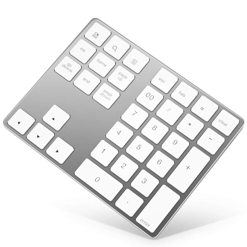 Bluetooth Number Pad, Rechargeable Wireless Numeric Keypad Slim 34-Keys Aluminum Number Keypad External Data Entry Compatible for Laptop Silver Regular 326 Bluetooth