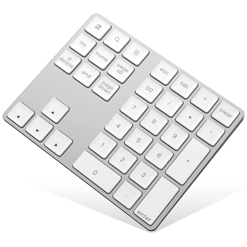 Bluetooth Numeric Keypad, Rechargeable Aluminum 34-Key Number Pad Slim External Numpad Keyboard Data Entry Compatible for MacBook, MacBook Air/Pro, iMac Windows Laptop Surface Pro etc Silver
