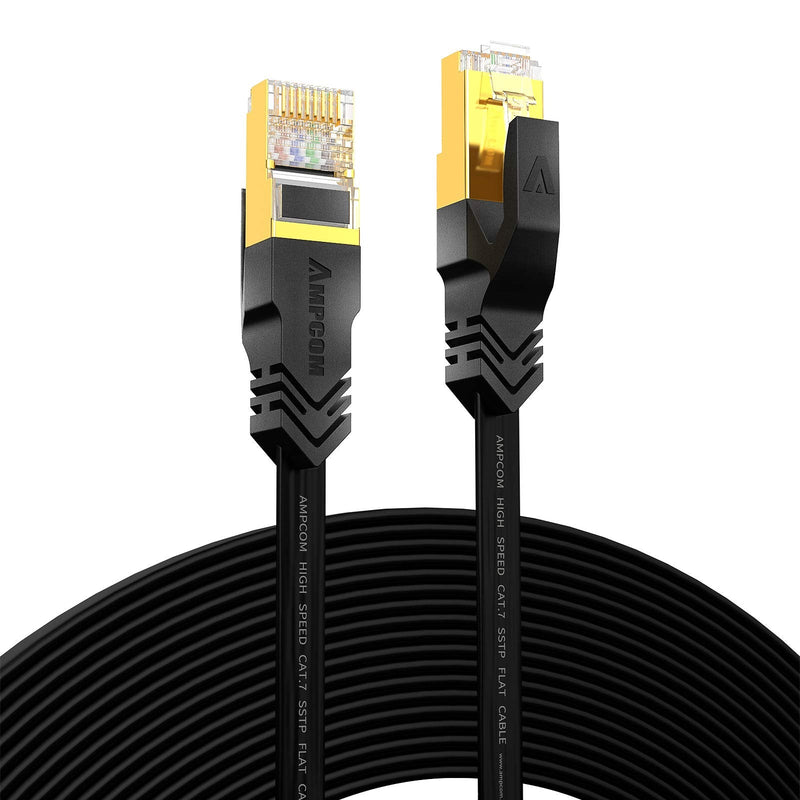 AMPCOM CAT7 Ethernet Cable 100ft, Flat & Slim (0.78″) High Speed 10 Gigabit Internet LAN Network Cable Cord with Gold Plated RJ45 Plug for Switch, Gaming, Router, Modem- Black 100ft