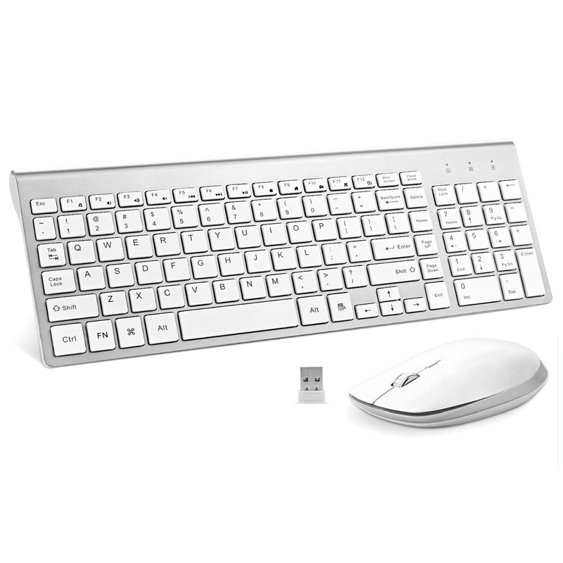 Wireless Keyboard and Mouse - FENIFOX USB Slim 2.4G Wireless Keyboard Mouse Combo Full-Size Ergonomic Compact with Number Pad for Laptop PC Computer Windows mac- Silver White