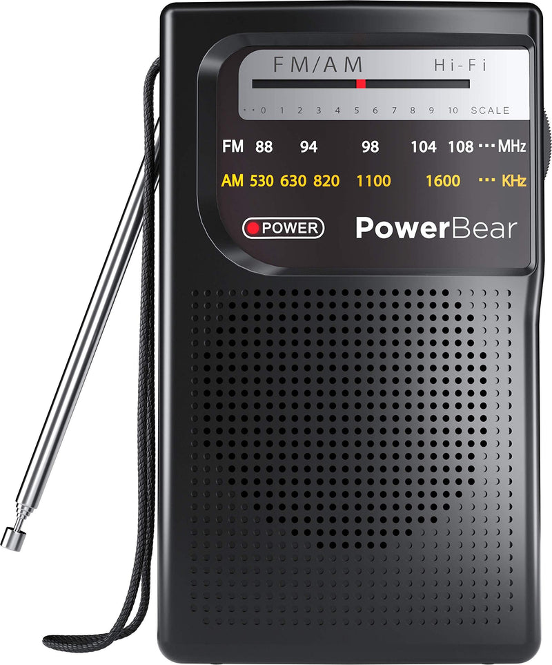 PowerBear Portable Radio | AM/FM, 2AA Battery Operated with Long Range Reception for Indoor, Outdoor & Emergency Use | Radio with Speaker & Headphone Jack (Black) Black