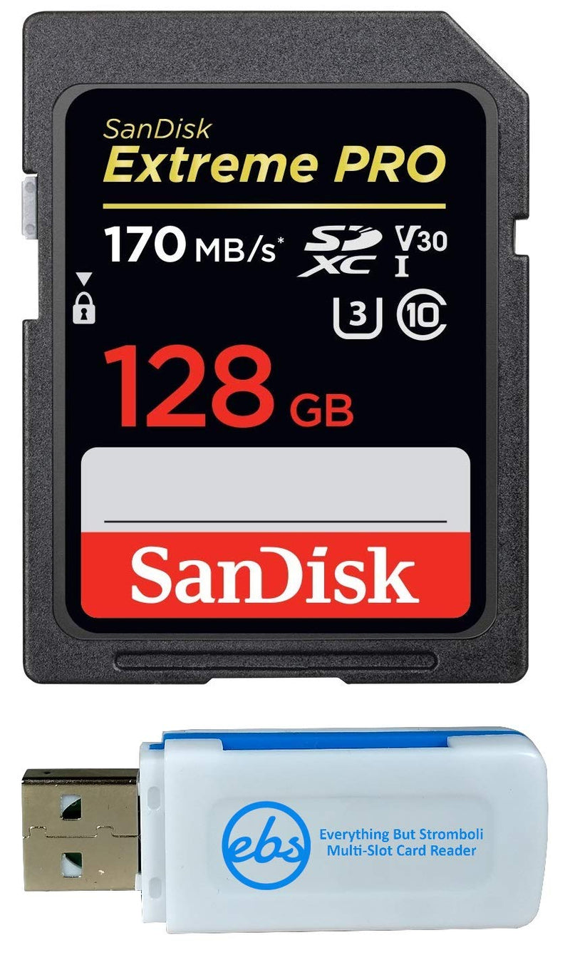 SanDisk 128GB SDXC Extreme Pro Memory Card Bundle Works with Sony Alpha a5000, a5100, a6300, a6500 Mirrorless Camera 4K V30 (SDSDXXY-128G-GN4IN) with Everything But Stromboli (TM) Combo Card Reader Class 10 128GB