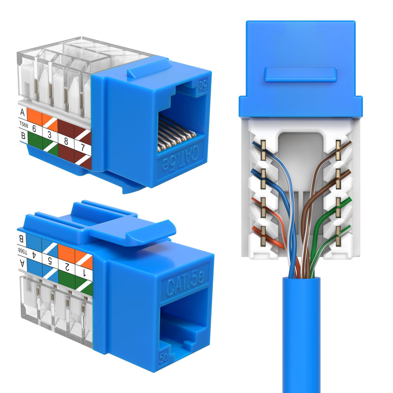 Cat5e Keystone Ethernet Wall Jack Punch Down UTP 45-Degree (Easier Termination Than 90-Degree), RJ45 Slim Profile Speed Termination 45° Angled Blue (50 Pack) 50 PCS