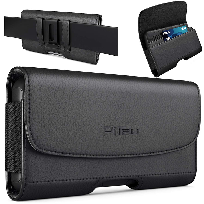 PiTau Holster for iPhone 15 15 Pro 14, 14 Pro, 13 Pro, 13, 12 Pro, 12, iPhone 11, XR - Premium Cell Phone Case with Belt Clip [Magnetic Closure] ID Card Holder Pouch (Fits Otterbox Commuter Case on) Medium Black