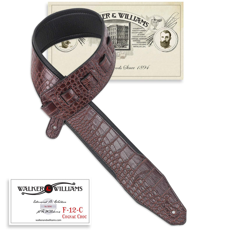 Walker & Williams F-12-C Cognac Brown 3" Wide Alligator Textured Padded Guitar Strap For Acoustic, Electric, And Bass Guitars