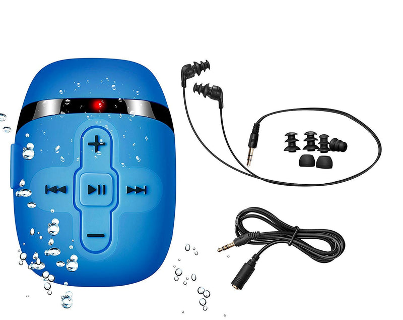 Sewobye Waterproof MP3 Player for Swimming, Waterproof Headphones with Short Cord, mp3 Waterproof Swimming Underwater 3 Meter, Shuffle Feature (Blue) Blue