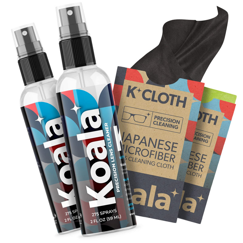 Koala Eyeglass Lens Cleaner Spray Kit | (2x) Glasses Cleaner Bottle + (2x) Microfiber Cloth | Alcohol Free Eyeglasses, Screen, and Camera Cleaning Kit | Made in USA (4 Piece Set) Black / Green 4 Fl Oz (Pack of 1)