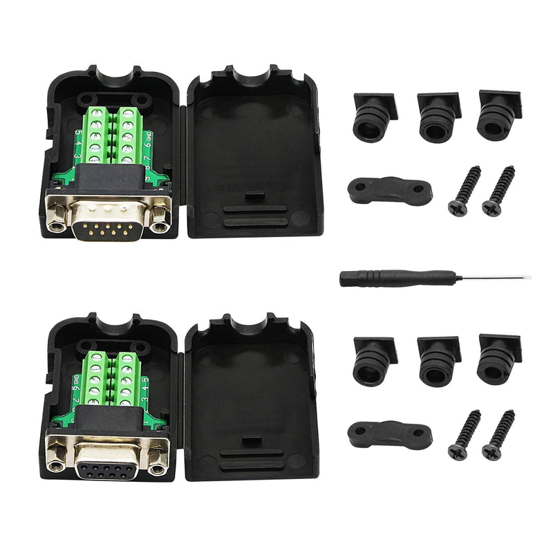 SinLoon DB9 Connector Adapter RS232 Serial Port D-SUB Adapter Plate Breakout Board Solder-Free (1-Pair Male+Female with Screwdriver ，Black Rubber Core)