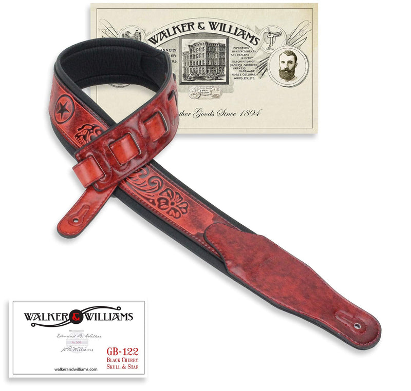 Walker & Williams GB-122 Black Cherry Padded Guitar Strap with Texas Star and Skull Design For Acoustic, Electric, And Bass Guitars