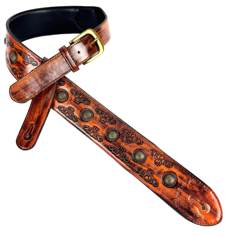 Walker & Williams GE-202 Antique Amber Tan Padded Guitar Strap with Brass Coin Studs, Brass Buckle, And Celtic Tooling For Acoustic, Electric, And Bass Guitars