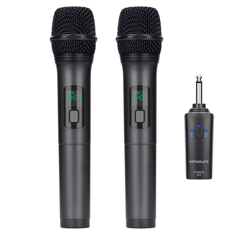 K380A Wireless Microphones - Dual UHF Handheld Cordless Mics with Rechargeable Bluetooth Receiver - Karaoke/Speech/Church (Elegant Black)
