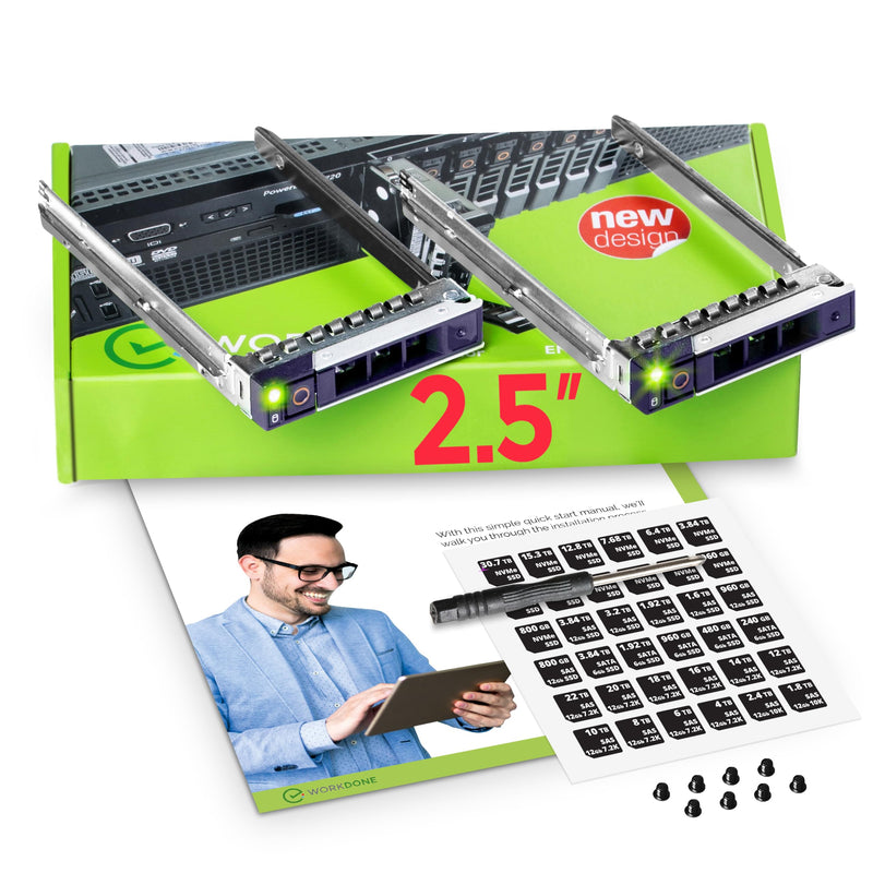 WORKDONE 2-Pack 2.5" SFF Bracket - fits Dell PowerEdge 17-14th Gen DXD9H | Only for smaller 2.9" Wide Hot-Swap Bay, R570 R670 R770 R260 R360 T560 R660 R6615 R6625 HS5610, Bright LED, Tray Sled, Manual