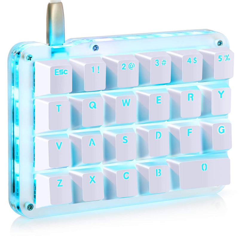 Koolertron One Handed Macro Mechanical Keyboard, Portable Mini One-Handed Mechanical Gaming Keypad 23 Fully Programmable Keys ((Blue Backlit/Blue switches)) White/Blue backlit/Blue switches