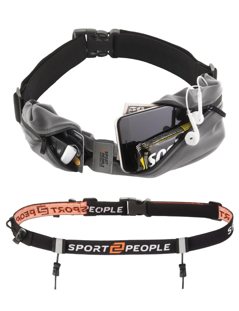 Running Belt for Women and Men, Reflective Phone Holder, No Bounce Running Fanny Pack, Waist band, Fitness Storage Belt, Reflective Runners belt, Money belt (Grey Steel + Race belt Set) Grey Steel + Race belt Set