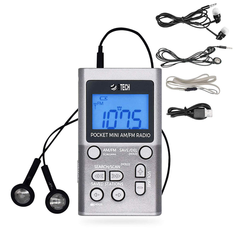 BTECH MPR-AF1 AM FM Personal Radio with Two Types of Stereo Headphones, Clock, Great Reception and Long Battery Life, Mini Pocket Walkman Radio with Headphones (Silver) MPR-AF1 Radio Silver