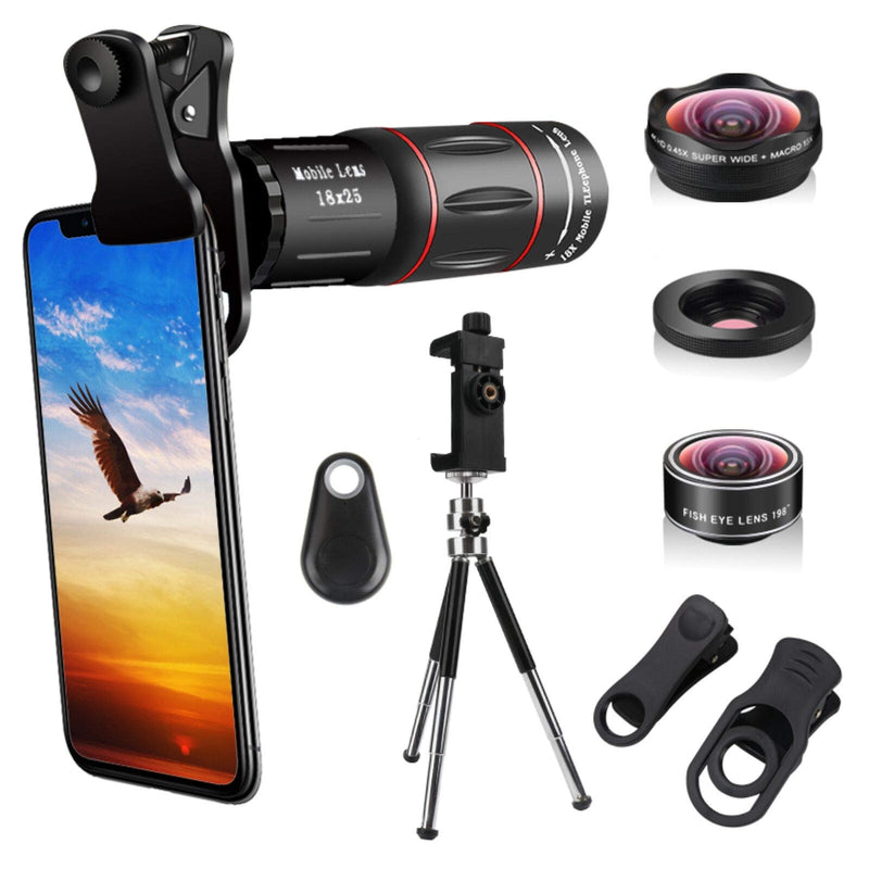 Cell Phone Camera Lenses Kit, 4 in 1 18X Telescopic Zoom Lens/4K HD Super Wide Angle/Macro/Fisheye Lens/Tripod/Camera Shutter Compatible with iPhone 12 11 Xs Max 8 7 6 Plus, Samsung Moto and More