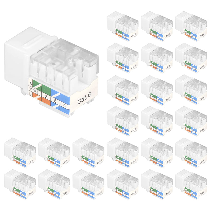 VCE Cat6 RJ45 Keystone Jack Insert UL Listed 25-Pack, 90 Degree Punch Down Keystone Jack Adapter Slim Profile White