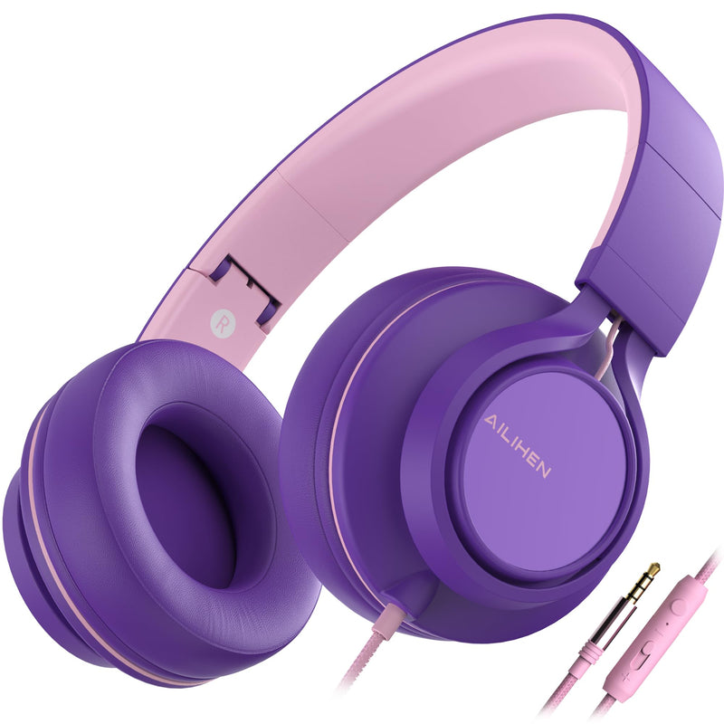 AILIHEN C8 Girls Headphones, On-Ear Headphones Wired with Microphone and Volume Control Foldable Corded Stereo 3.5mm Headset for Girls School Chromebook Laptop Computer PC Tablets Travel (Purple Pink) Purple Pink