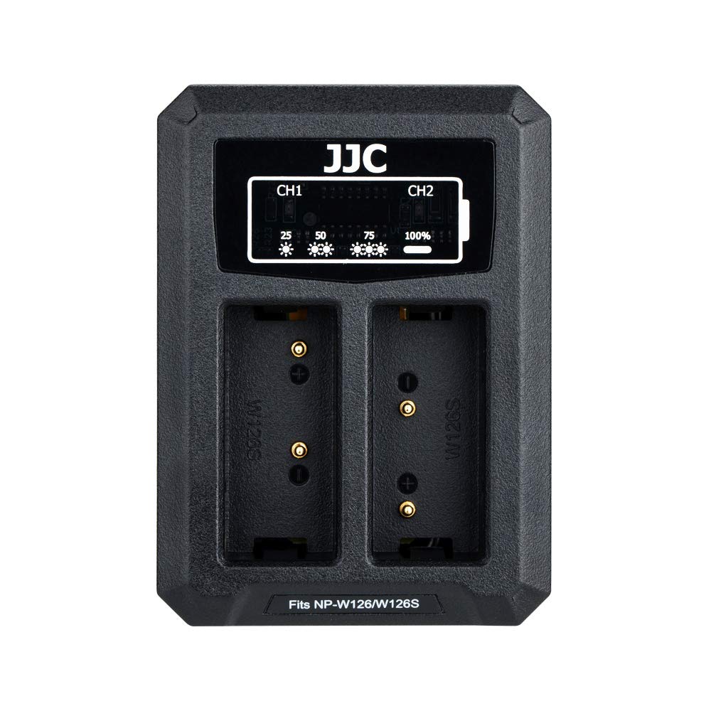 JJC NP-W126 NP-W126S Battery Charger USB Dual Slot for Fuji Fujifilm X100VI X100V X100F X-T50 XT50 X-T30II X-T30 X-T20 X-T10 X-T3 X-T2 X-S10 X-E4 X-E3 X-E2 X-E2S X-A7 X-T200 X-T100 X-H1 XPRO3 & More For Fujifilm NP-W126 or NP-W126S Battery Black