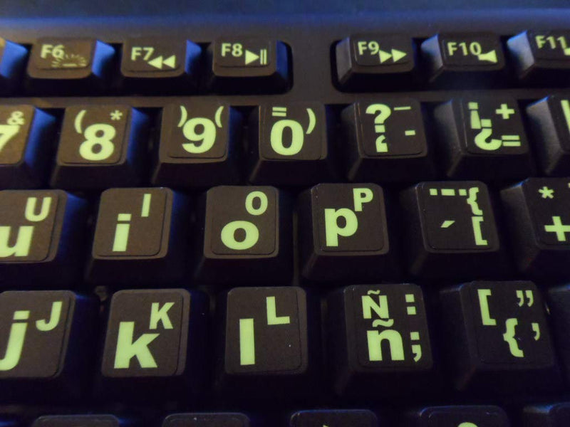Spanish/English Keyboard Stickers with Fluorescent Inlays. Large Symbols Will Not Wear, Smudge or Fade. for All Laptop and Desktop Keyboards Also Free USB LED Light (White).