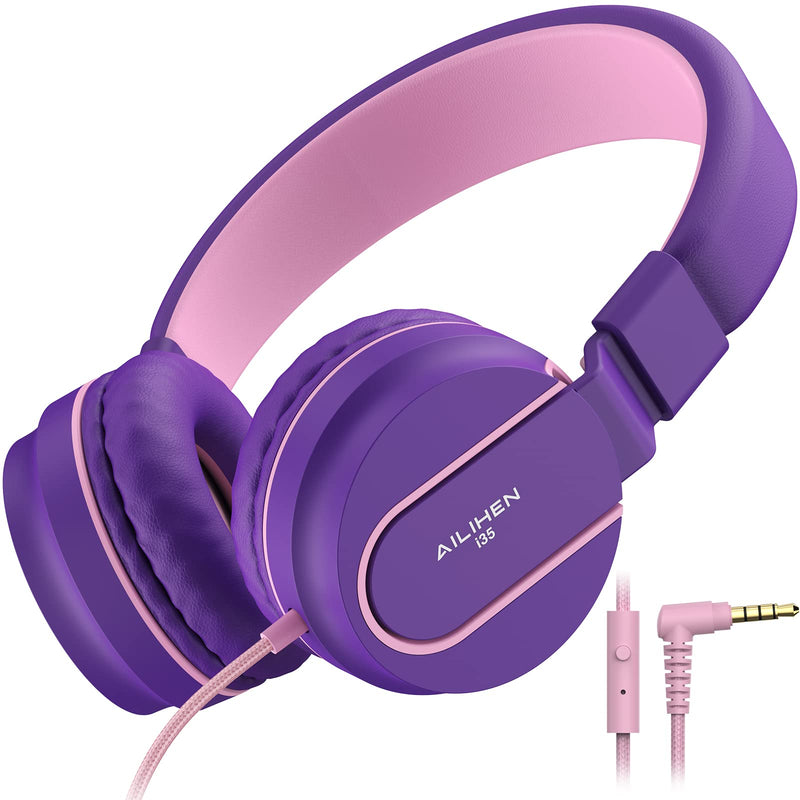 Kids Headphones, AILIHEN I35 On-Ear Headphones for School, Safe Volume 93dB, HD Mic Stereo Headphone for Kid Girls Children, Foldable Wired 3.5mm for Chromebook, Laptop, Computer, Tablet (Pink Purple) Pink Purple