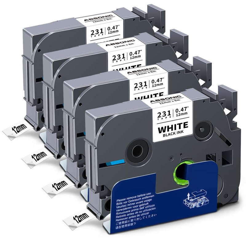 [AUSTRALIA] - Absonic 12mm Tz Tape Replace for Brother Ptouch Label Tape 12mm 0.47" Laminated White Tape 1/2" Black on White for Brother P Touch PT-H100 PTD220 PTD210 PT-1290 PT-2040C PTD400 PTD600 PTD410, 4 Pack 