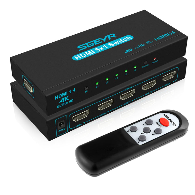 HDMI Switch SGEYR 5x1 HDMI Switcher 5 in 1 Out HDMI Selector 5 Port Box with IR Remote Control HDMI 1.4 HDCP 1.4 Support 4K@30Hz Ultra HD 3D 2160P 1080P Blue