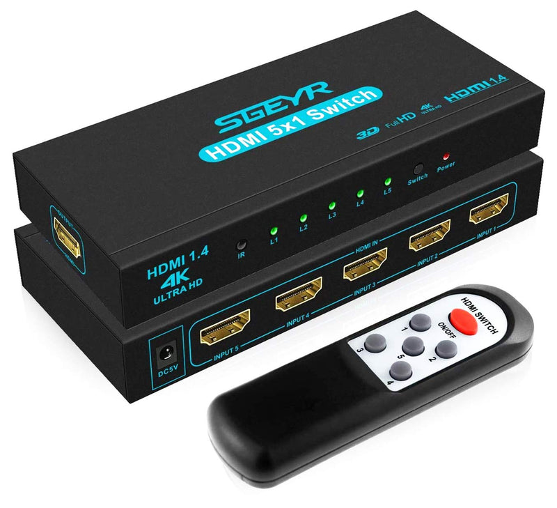 HDMI Switch SGEYR 5x1 HDMI Switcher 5 in 1 Out HDMI Switch Selector 5 Port Box with IR Remote Control HDMI 1.4 HDCP 1.4 Support 4K@30Hz Ultra HD 3D 2160P 1080P Blue