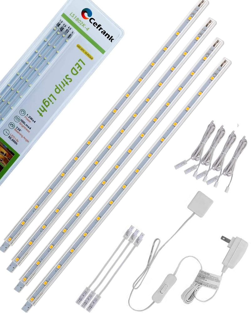 LED Display Light Bar Kit - (4) 16inches Plug-in Linkable Strip Lights for Large Display Cabinet - Series + Parallel Connection - White 6000K Cool White (6000K)