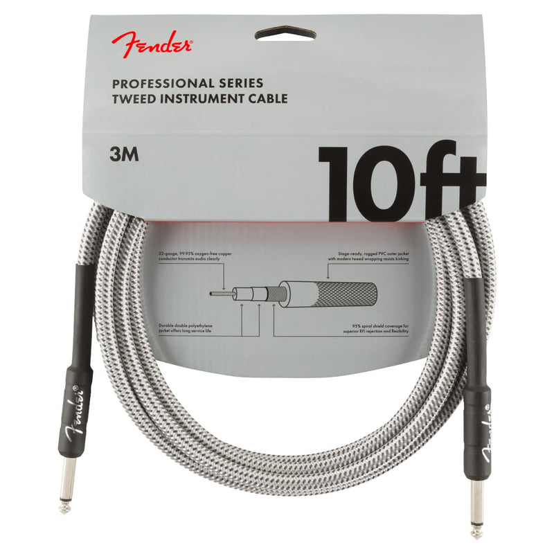 Fender Professional Series Tweed Instrument Cable, Guitar Cable, Stocking Stuffers, Guitar Accessories, Straight/Straight, White, 10ft