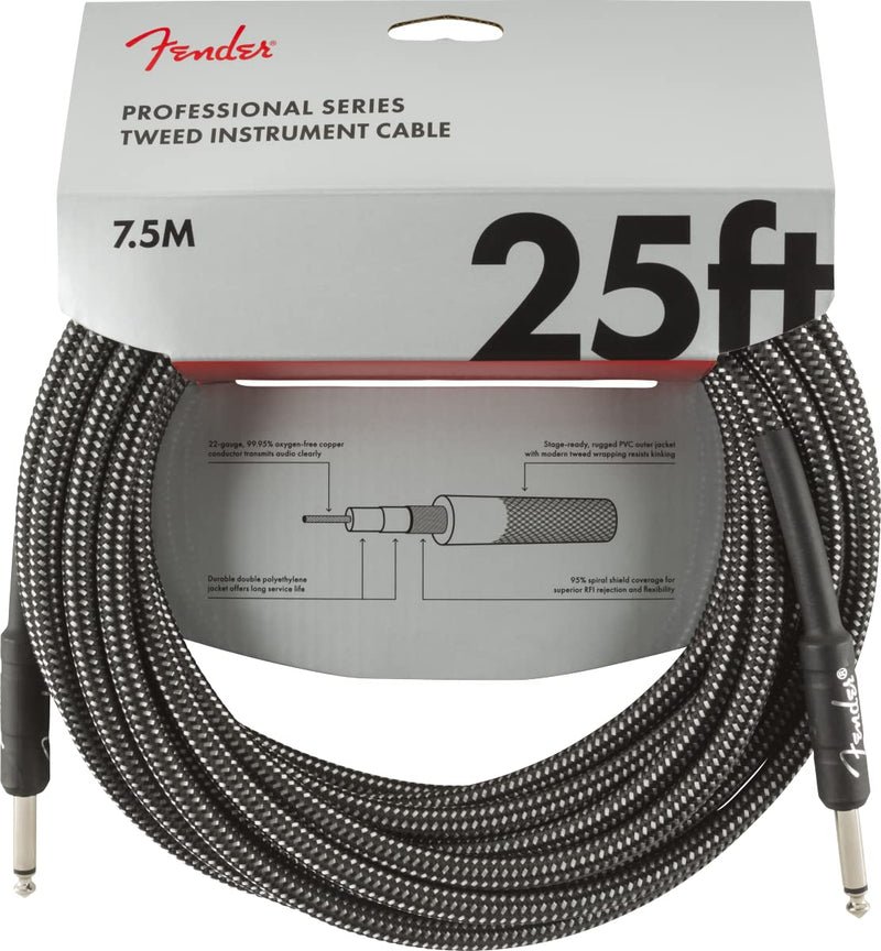 Fender Professional Series Tweed Instrument Cable, Guitar Cable, Stocking Stuffers, Guitar Accessories, Straight/Straight, Gray, 25ft