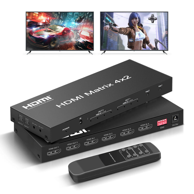 [AUSTRALIA] - FERRISA 4x2 HDMI Matrix Switch, 4 in 2 Out Matrix HDMI Video Switcher Splitter +Optical & L/R Audio Output,Support Ultra HD 4K, 3D 1080P, Audio EDID Extractor with IR Remote Control 4K 30Hz 4 to 2 