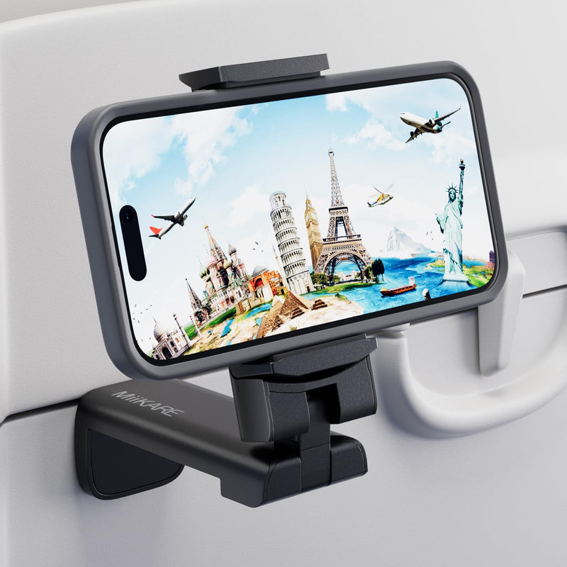 MiiKARE Airplane Travel Essentials Phone Holder, Universal Handsfree Phone Mount for Flying with 360 Degree Rotation, Accessory for Airplane, Travel Must Haves Phone Stand for Desk, Tray Table Black 1 Unit