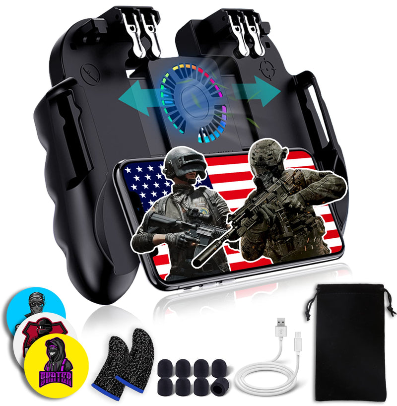 4 Trigger Mobile Game Controller with Cooling Fan Adjustable Stand for PUBG/Call of Duty/Fotnite [6 Finger Mode] GAMR+ L1R1 L2R2 Gaming Grip Gamepad Black