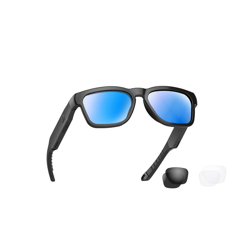 OhO Bluetooth Audio Sunglasses, Lightweight Sport Glasses, 10H Playtime, UV400 ANSI Z87.1, Water Resistant with Voice Control Black丨Ice Blue Lens
