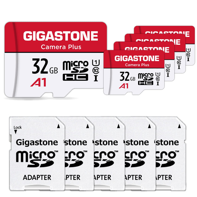 Gigastone 32GB Micro SD Card 5-Pack, MicroSDHC Memory Cards for Security Cameras, Wyze Cam, Roku, Full HD Video Recording, UHS-I U1 A1 Class 10, up to 90MB/s, with Adapter Camera Plus 32GB 32GB Camera Plus 5-Pack