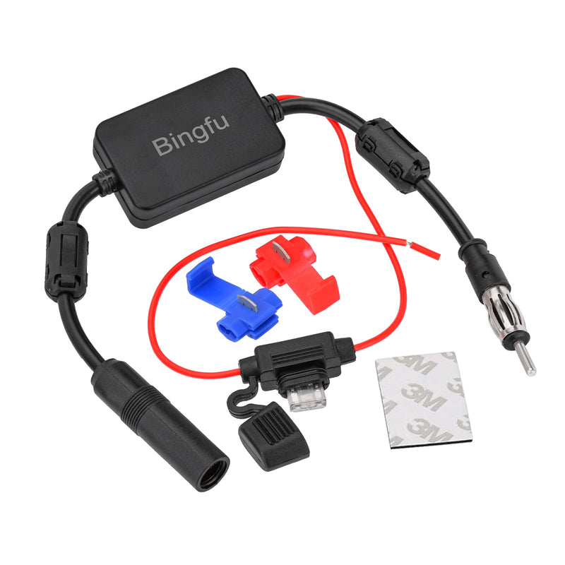 Bingfu Universal Car Stereo FM Radio Antenna Signal Booster Amplifier Amp,12V Power Supply DIN Plug Connector Adapter for Vehicle Truck SUV Car Audio Radio Stereo Media Head Unit Receiver