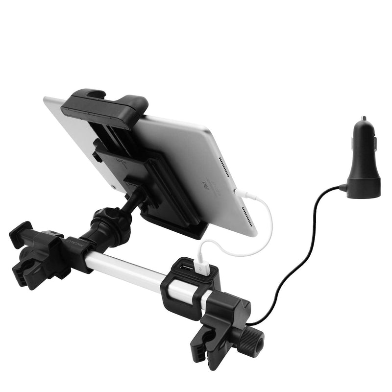 Macally Tablet Holder for Car Headrest with 4 Device USB Car Charger - Perfect Backseat iPad Car Mount for Kids - Universal Tablet & iPad Car Holder Back Seat 4.5” to 10” Wide Silver with Black