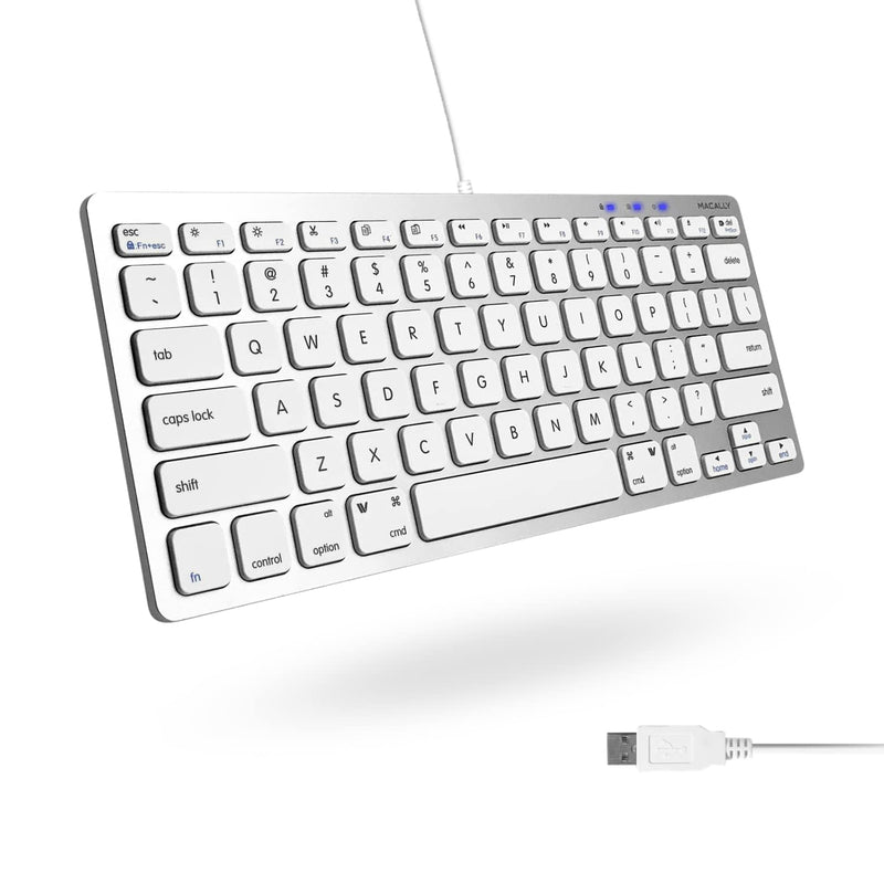 Macally Small Wired Keyboard for Mac and Windows - 78 Scissor Switch Keys Compatible Apple Keyboard - USB Mini Keyboard That Saves Space and Looks Great - Plug and Play Wired Mac Keyboard - Aluminum Silver Aluminum