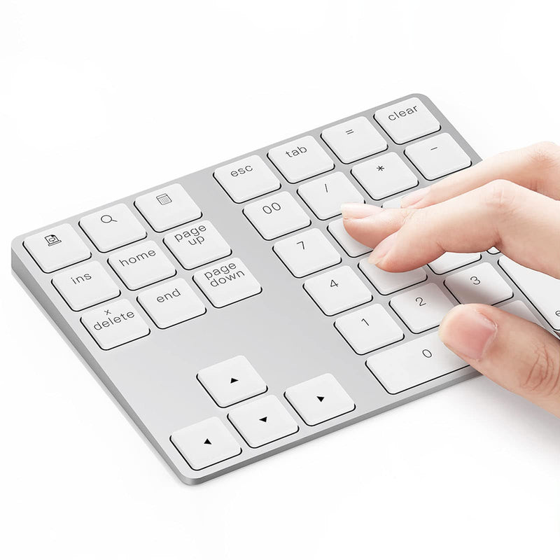 Bluetooth Number Pad, Lekvey Aluminum Rechargeable Wireless Numeric Keypad Slim 34-Keys External Numpad Keyboard Data Entry for Laptop, MacBook, MacBook Air/Pro, iMac, Windows, Surface Pro - Silver White and Silver