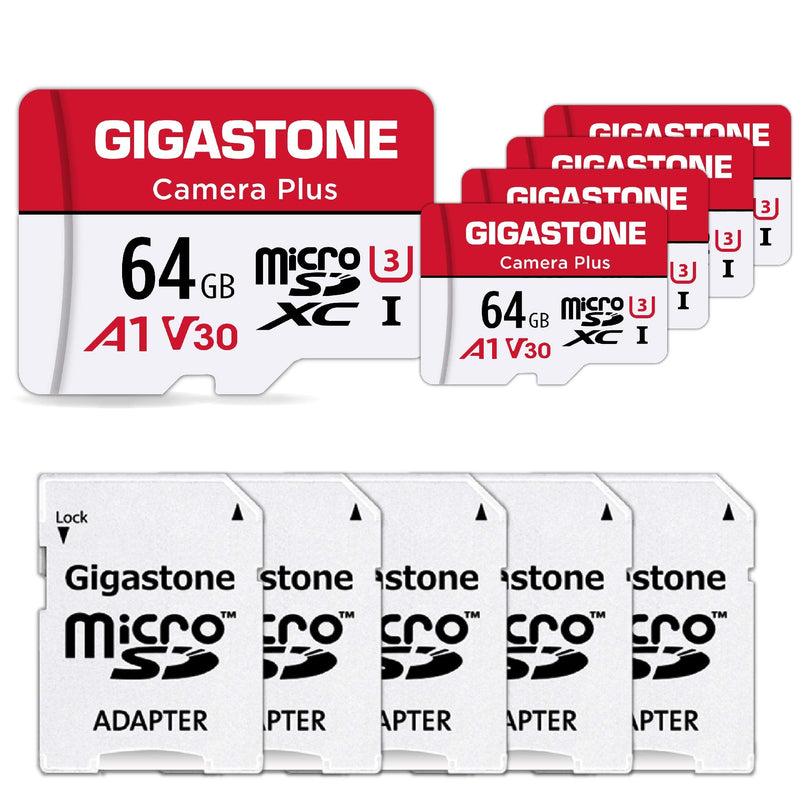 [Gigastone] 64GB 5-Pack Micro SD Card, Camera Plus, MicroSDXC Memory Card for Wyze, Video Camera, Security Camera, Smartphone, Fire tablet, 4K Video Recording, UHS-I U3 A1 V30, 95MB/s, with Adapter