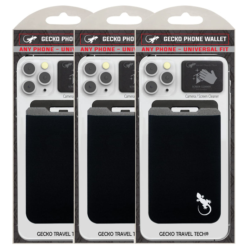 Gecko Travel Tech 3 Pack Phone Wallet Stick on- Phone Card Holder Black - Cellphone Accessories Universal fits Any Cellphone - cardholder Stretchy - Phone Card Holder Wallet (x3 Black/White BLACK WHITE - 3 PACK